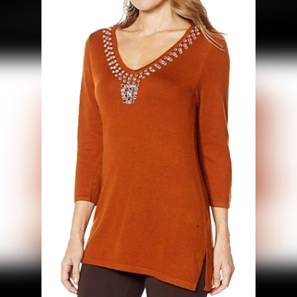 IMAN Global Chic Touch Cashmere Sweater Tunic Rhinestone Saddle Brown X-SMALL - Picture 1 of 9